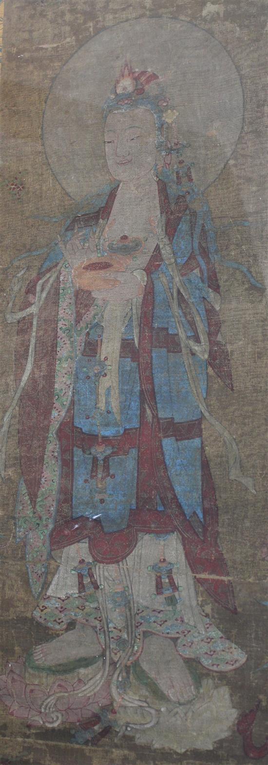 A Chinese ink and colour painting on silk of five Bodhisattvas, Tang / Five dynasties (851-950AD) or later, 145 x 75cm incl. borders